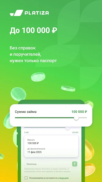 Platiza: до 100 тысяч рублей без справок и поручителей